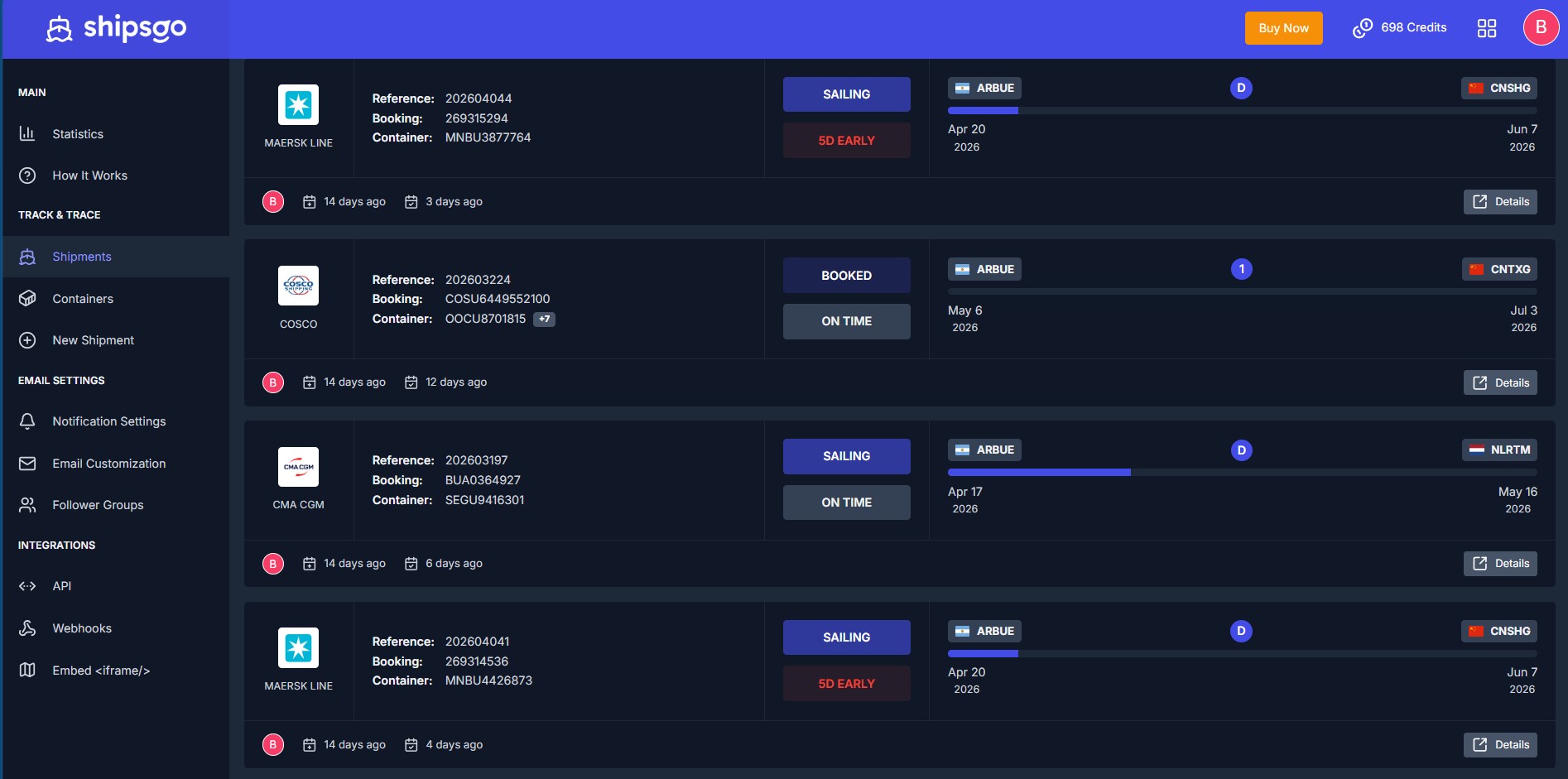 ShipsGo Dashboard - Trazabilidad de envíos