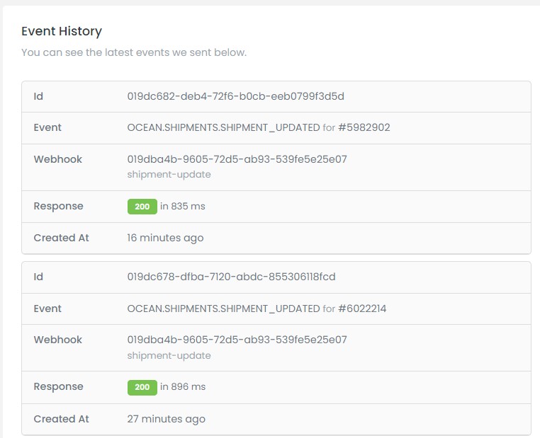 Webhook Event History - Eventos de actualización